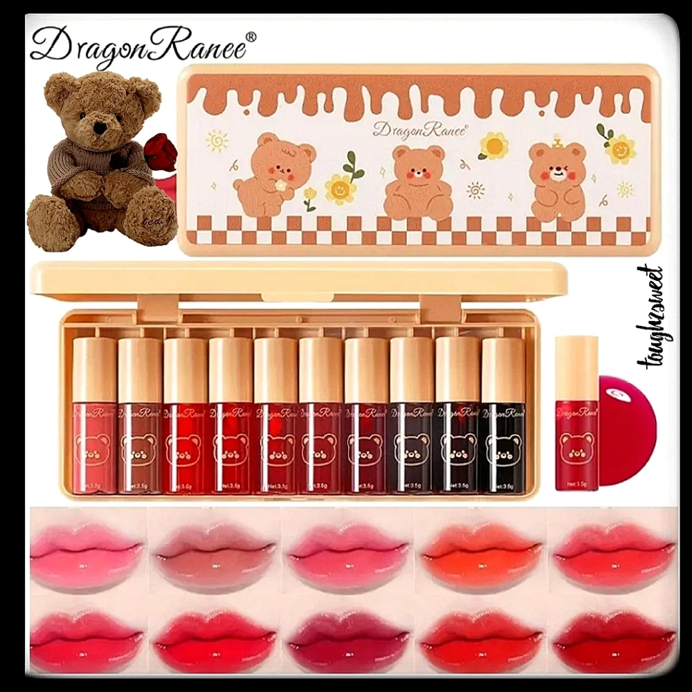 🆕️DRAGONRANEE MINI LIPGLOSS/LIP TINT SET OF 10 IN ADORABLE 🧸TEDDY🧸BOX *Y2K*
